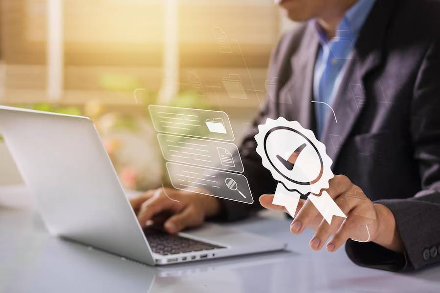 Businessman Working Labtop With Check Mark Document Symbol Standard Quality Control Concept Iso Service International Standards Quality Assurance Is Certified 144352 920